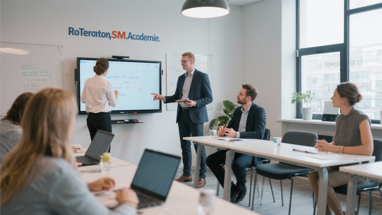 Modern training room with Dutch marketing professionals collaborating around digital whiteboard at Rotterdam SMM Academie.
