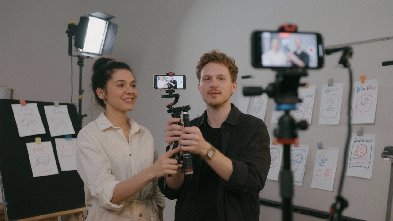 Creative duo filming vertical social media content using smartphone rig, lighting kit and storyboard cards in Rotterdam studio.
