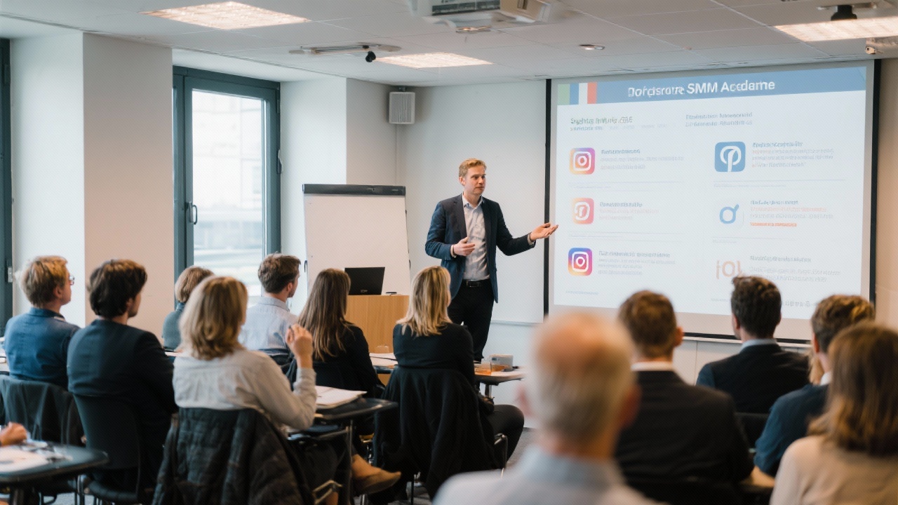 Guest lecture in Rotterdam SMM Academie with industry expert presenting social media case studies to attentive Dutch professionals.