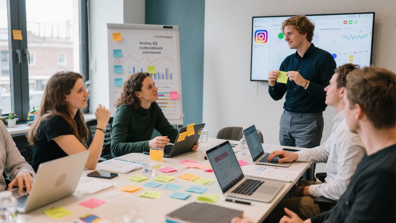Group of Rotterdam marketers brainstorming Instagram content ideas with laptops, sticky notes and analytics dashboards during an interactive academy workshop session.