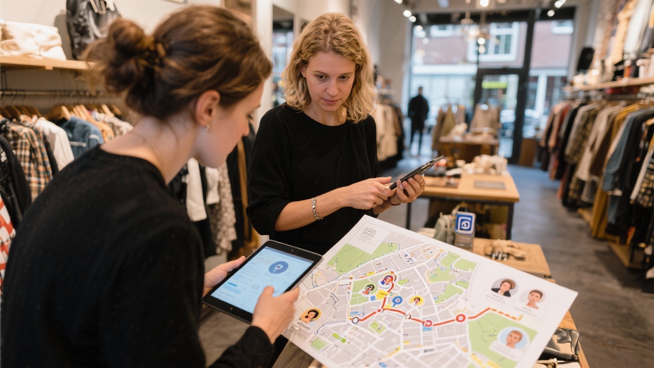 Rotterdam boutique owner collaborating with social media strategist inside shop analyzing neighbourhood audience personas on tablet and printed journey maps.