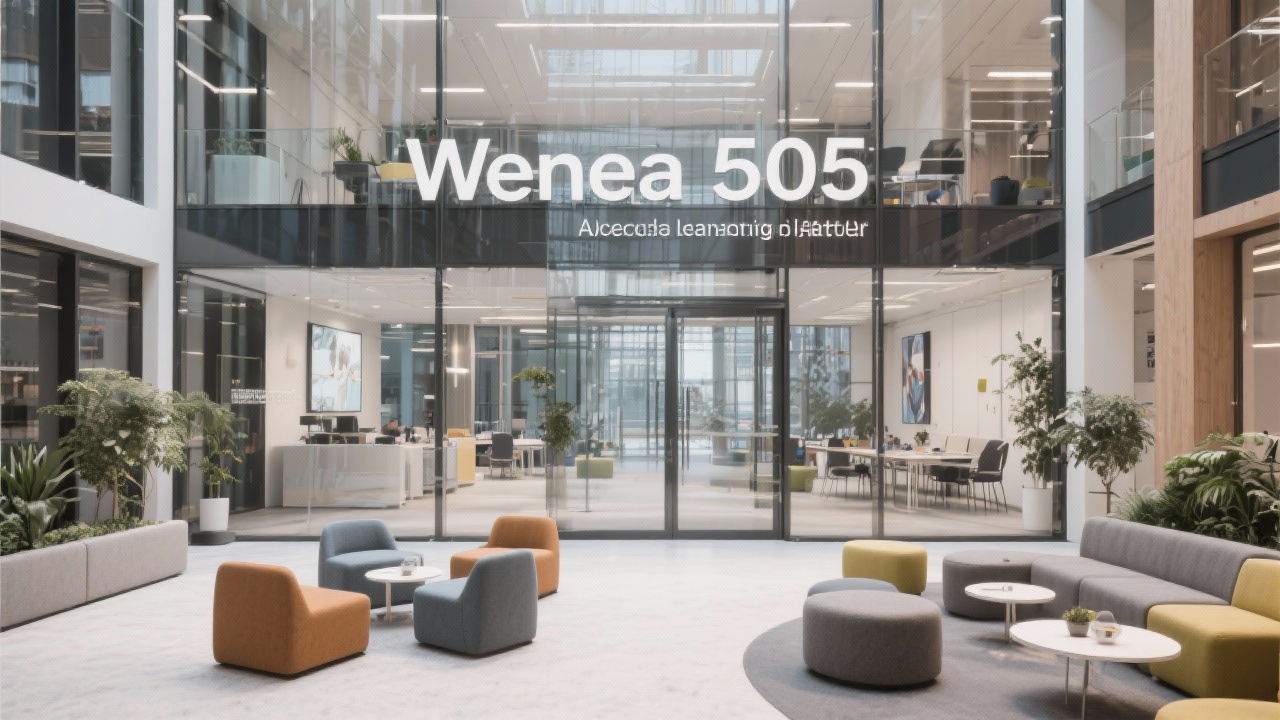 Modern office lobby at Weena 505 Rotterdam with glass facade, signage and collaborative seating emphasising accessible learning environment.