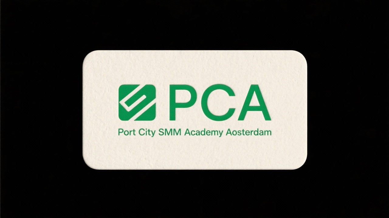 Minimalistic rectangular logo with emerald initials PCA on off-white background representing PortCity SMM Academy Rotterdam.