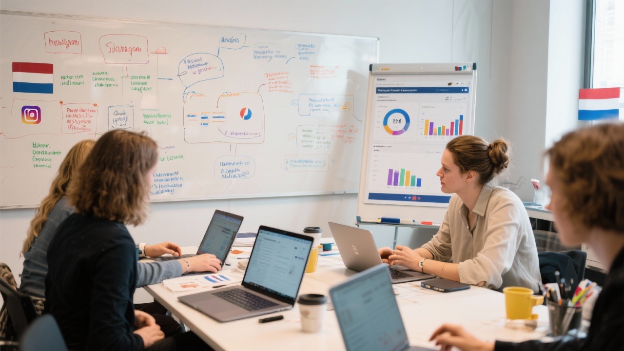Workshop setting with marketers analysing Instagram insights dashboards on laptops and whiteboards filled with Dutch campaign frameworks.