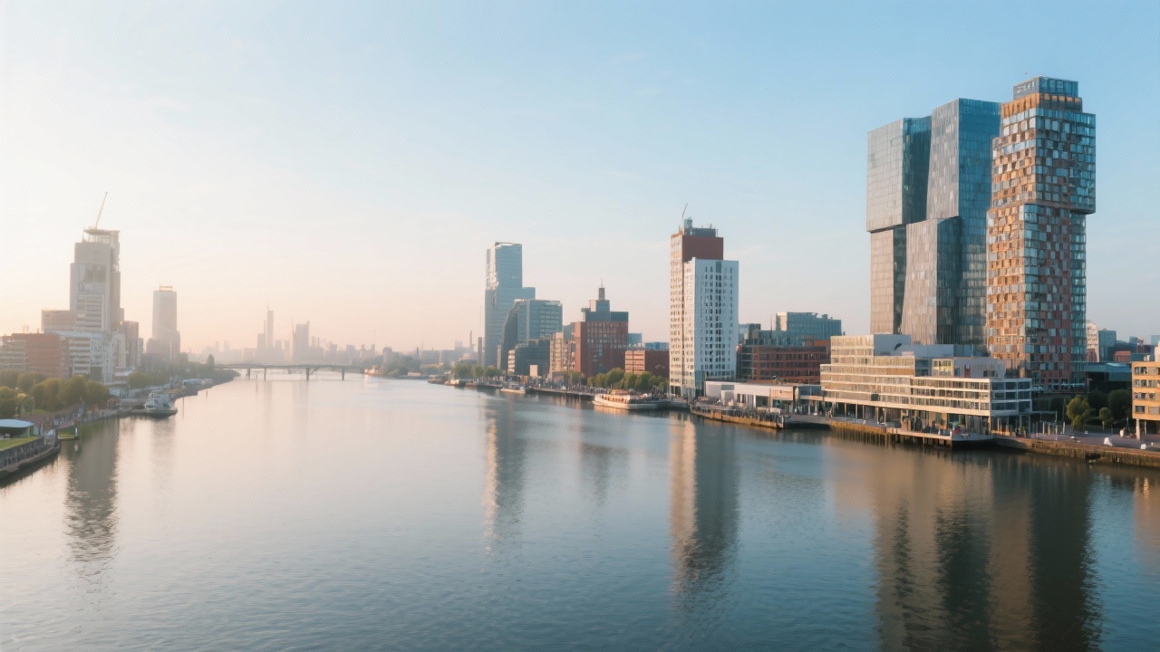 Panoramic view of Rotterdam Central District with modern architecture and Maas River under soft morning light, reflecting innovative energy for marketing education.