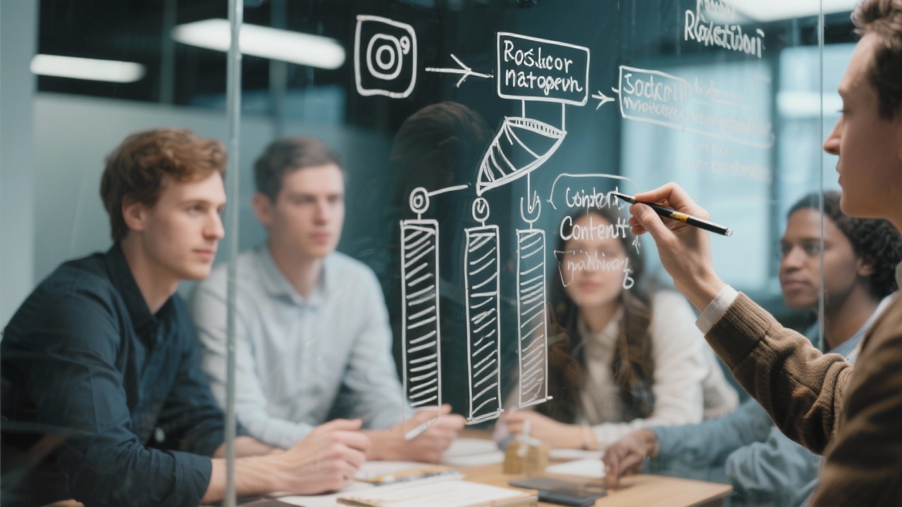 Close-up of Rotterdam marketing strategists sketching social media funnels and content pillars on modern glass whiteboard during planning session.