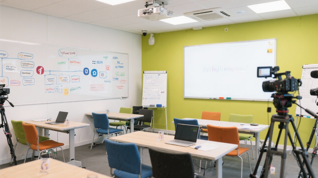 Bright Rotterdam training room with modular seating, whiteboards filled with social media frameworks and video equipment ready for content practice.