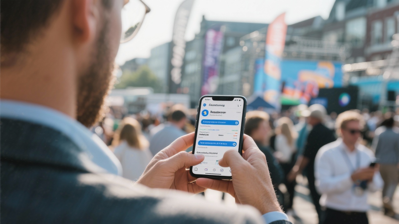 Marketer checking social media campaign performance on smartphone while coordinating Rotterdam event activations through messaging apps.
